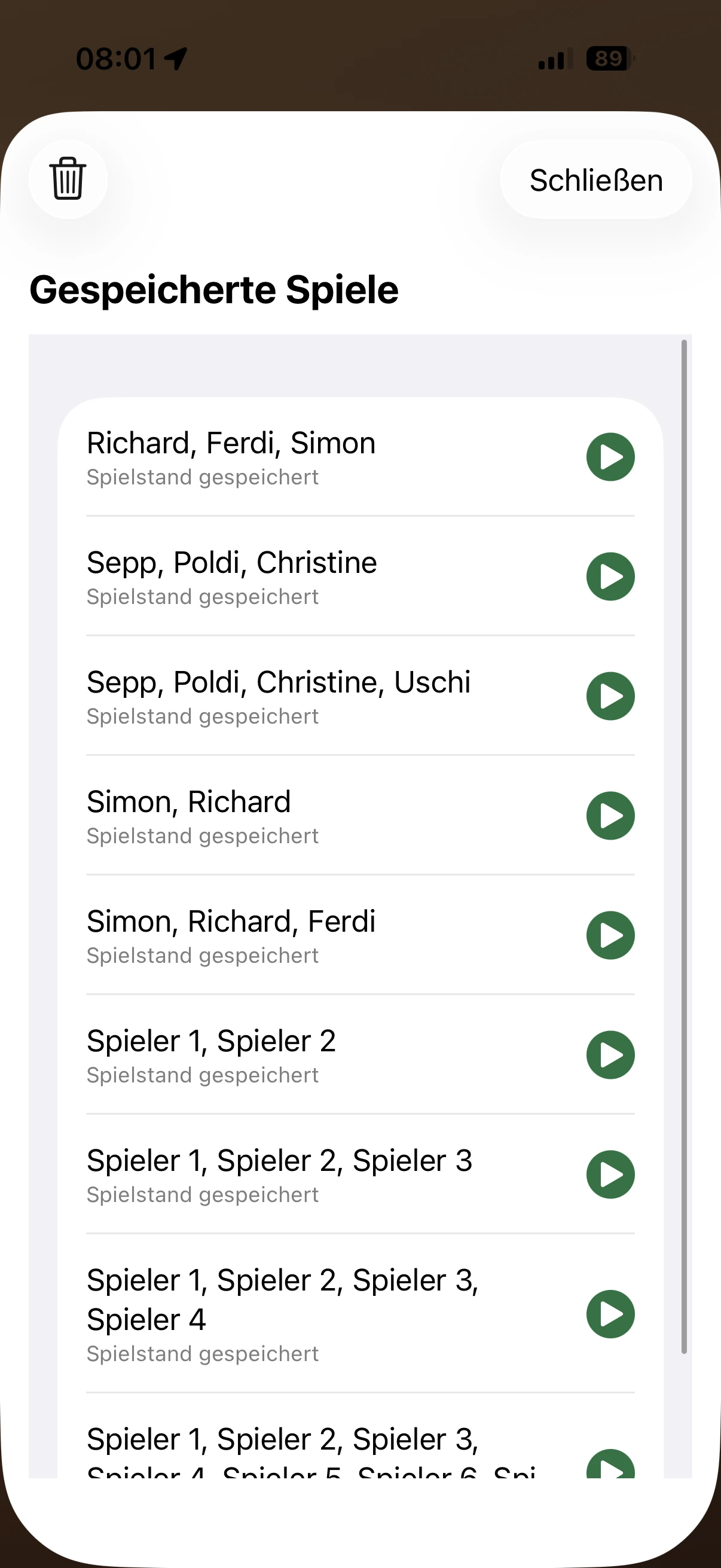 Gespeicherte Spiele in der Bummerl App