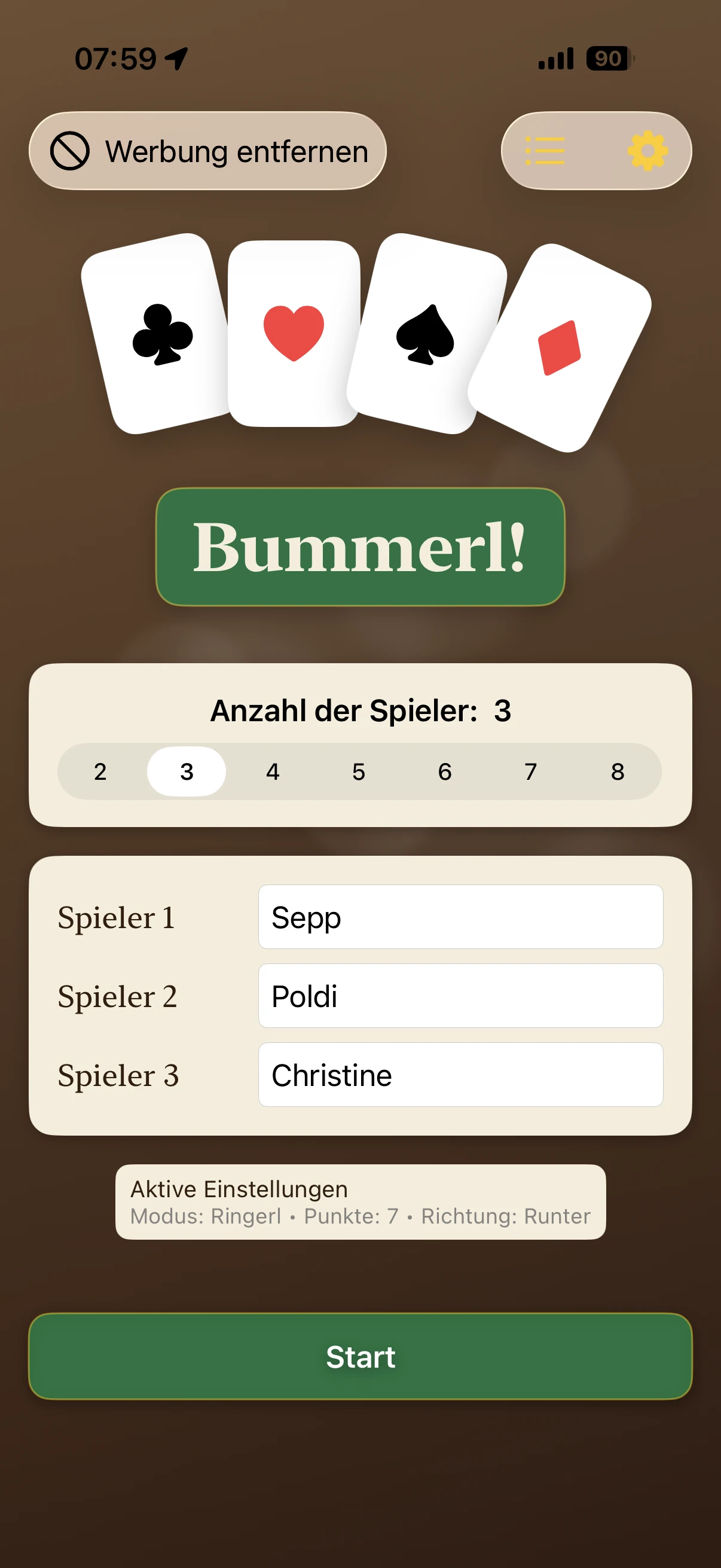 Startansicht der Bummerl App